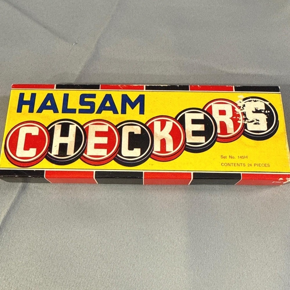 Vintage Halsam Checkers Set No 145H Wood Pieces Original Box 24 Count Chicago IL